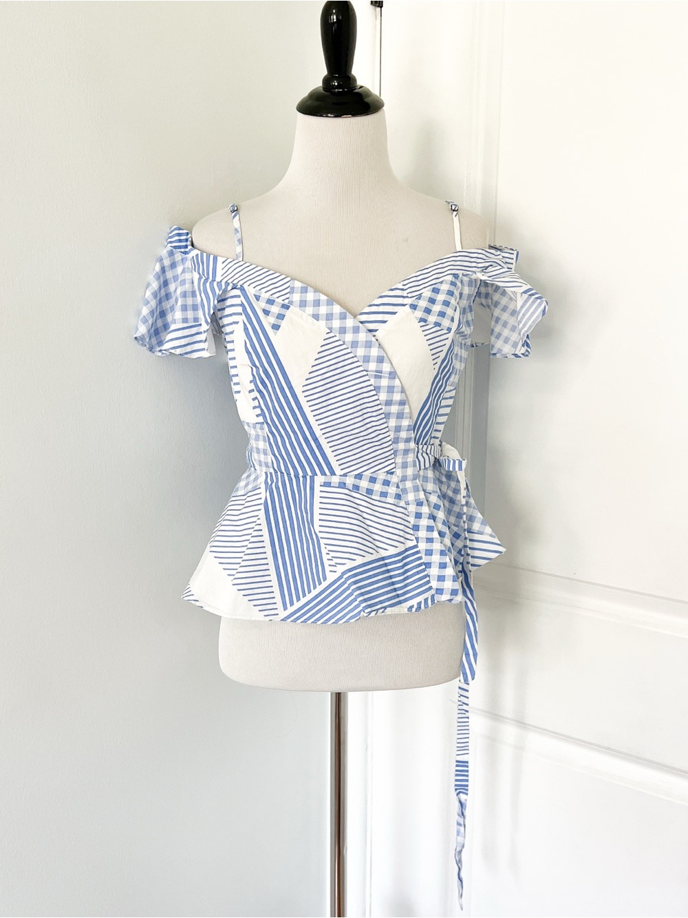 Astr Light Blue & White Striped Wrap Peplum Camisole - Small
